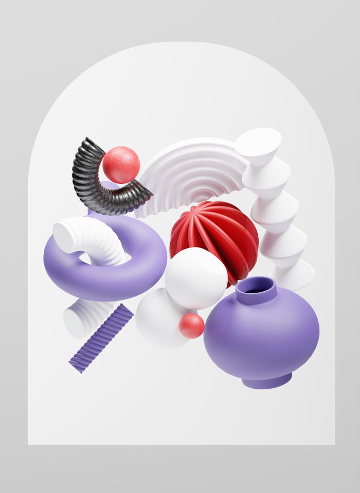 Intricate arrangement of colorful 3D shapes in an artistic composition.