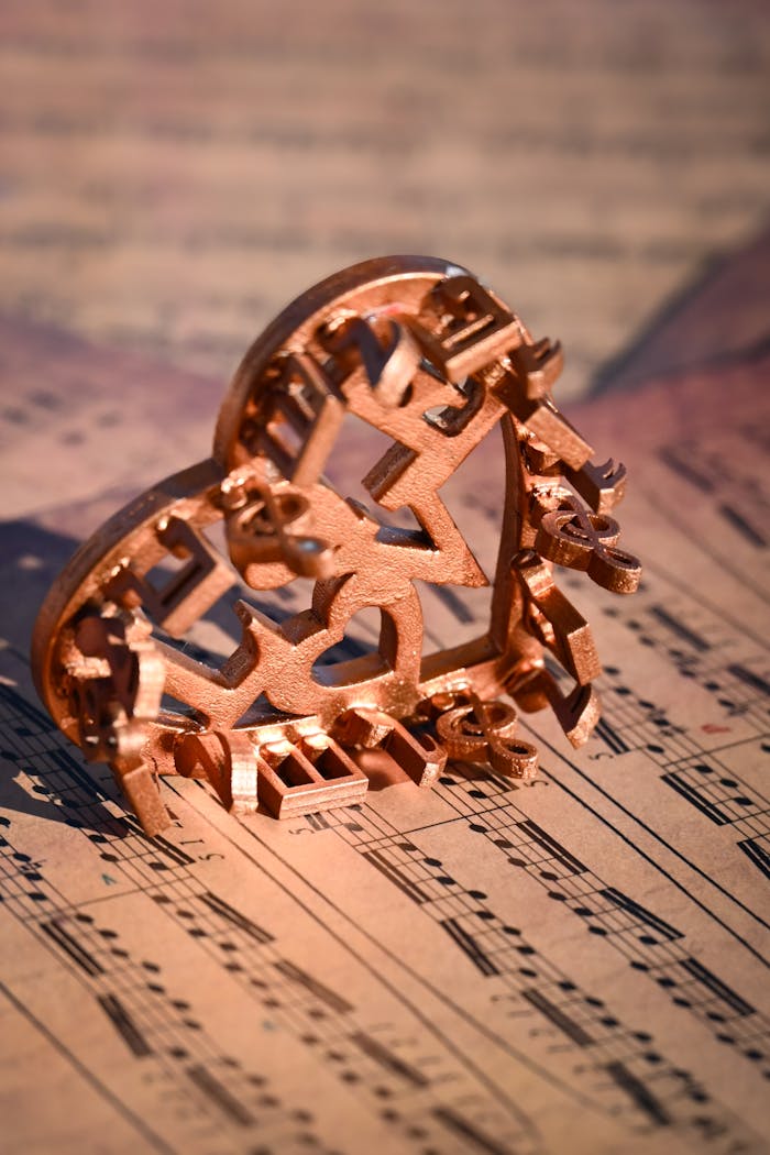 A creative copper heart sculpture with music notes on sheet music background, symbolizing love and harmony.