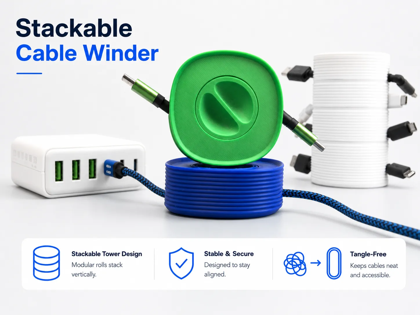 Stapelbare Kabelaufwicklung | Smarter Desk Organizer