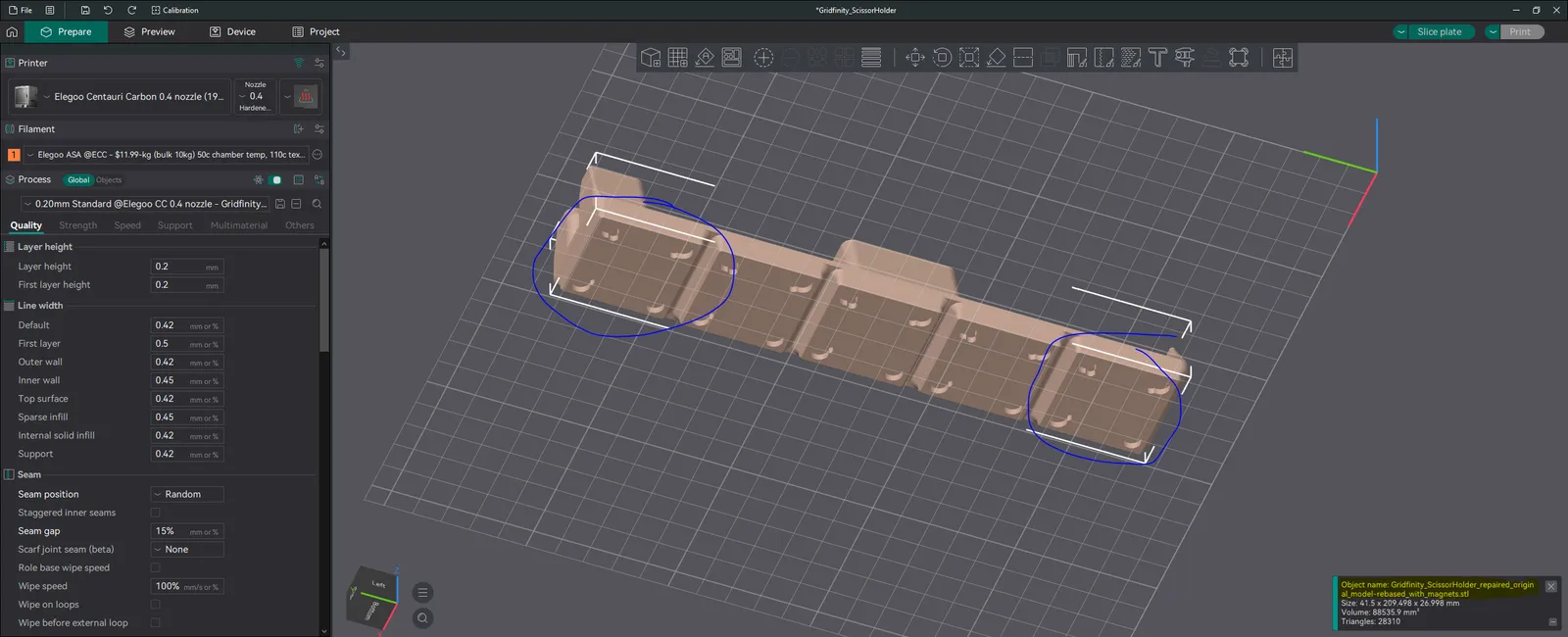 Gridfinity Scherenhalter-Modul mit Magnetlöchern